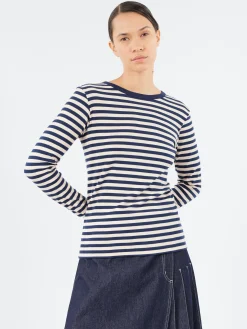 BEAMS BOYS - Long Sleeve Border T-Shirt in Navy and Natural