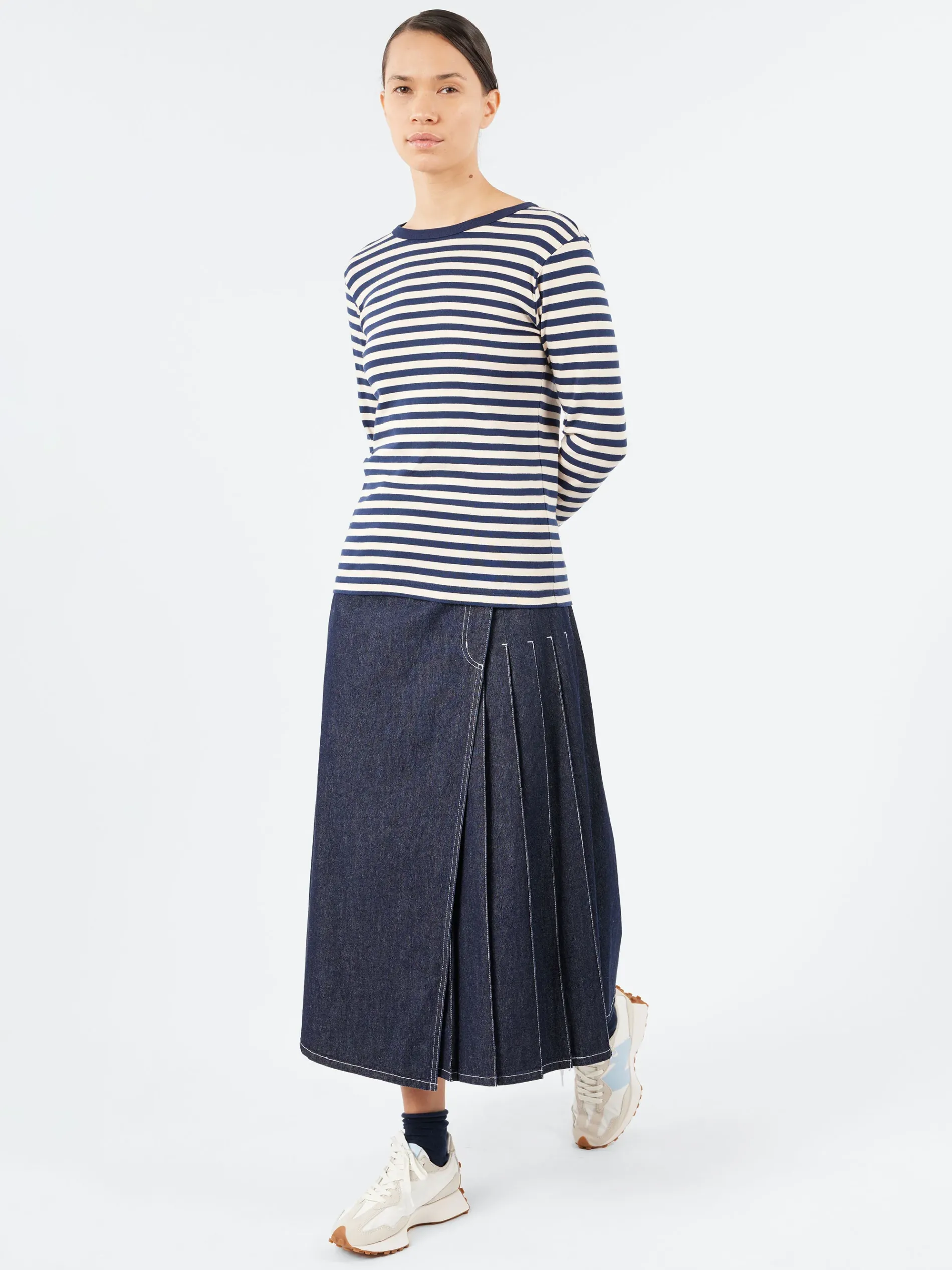 BEAMS BOYS - Long Sleeve Border T-Shirt in Navy and Natural