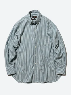 BEAMS PLUS - Classic Fit Wool Stripe Button Down Shirt in Blue