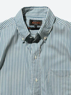 BEAMS PLUS - Classic Fit Wool Stripe Button Down Shirt in Blue