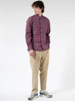 BEAMS PLUS - Indigo Yarn Tartan Check Button-Down Shirt in Red Check