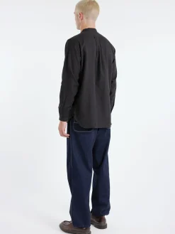 BEAMS PLUS - Linen Cotton Herringbone Band Collar Pullover Shirt in Black