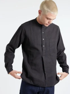 BEAMS PLUS - Linen Cotton Herringbone Band Collar Pullover Shirt in Black