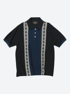 BEAMS PLUS - Stripe Argyle Knit Polo in Navy