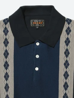 BEAMS PLUS - Stripe Argyle Knit Polo in Navy