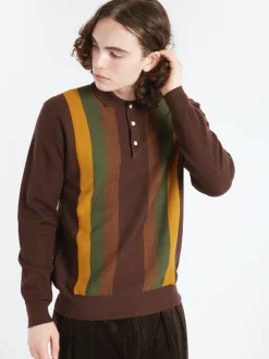 BEAMS PLUS - Stripe Knit Polo in Brown
