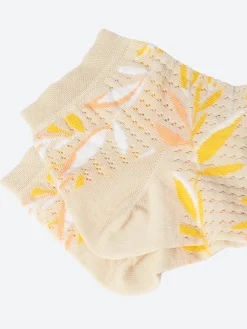 Bleuforêt - Short Openwork Leaves Lisle Socks in Cream/Yellow