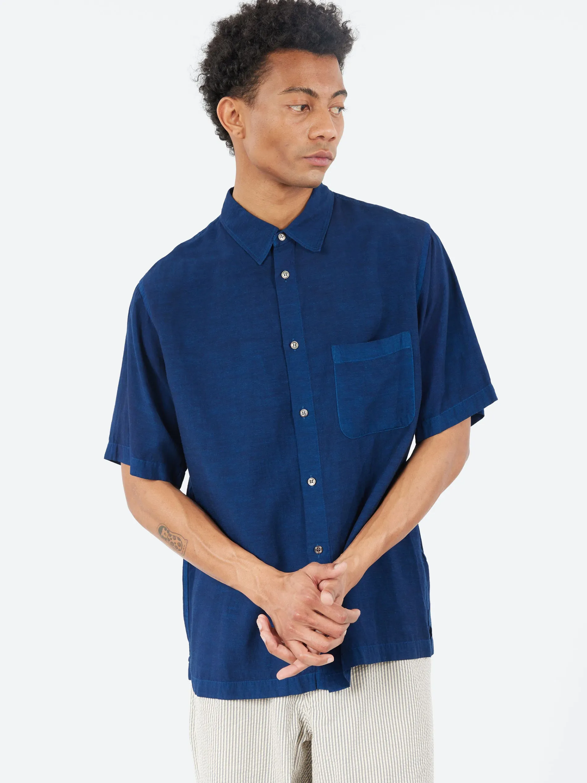 Blue Blue Japan - Broadcloth Short Sleeve Shirt in Dark Navy
