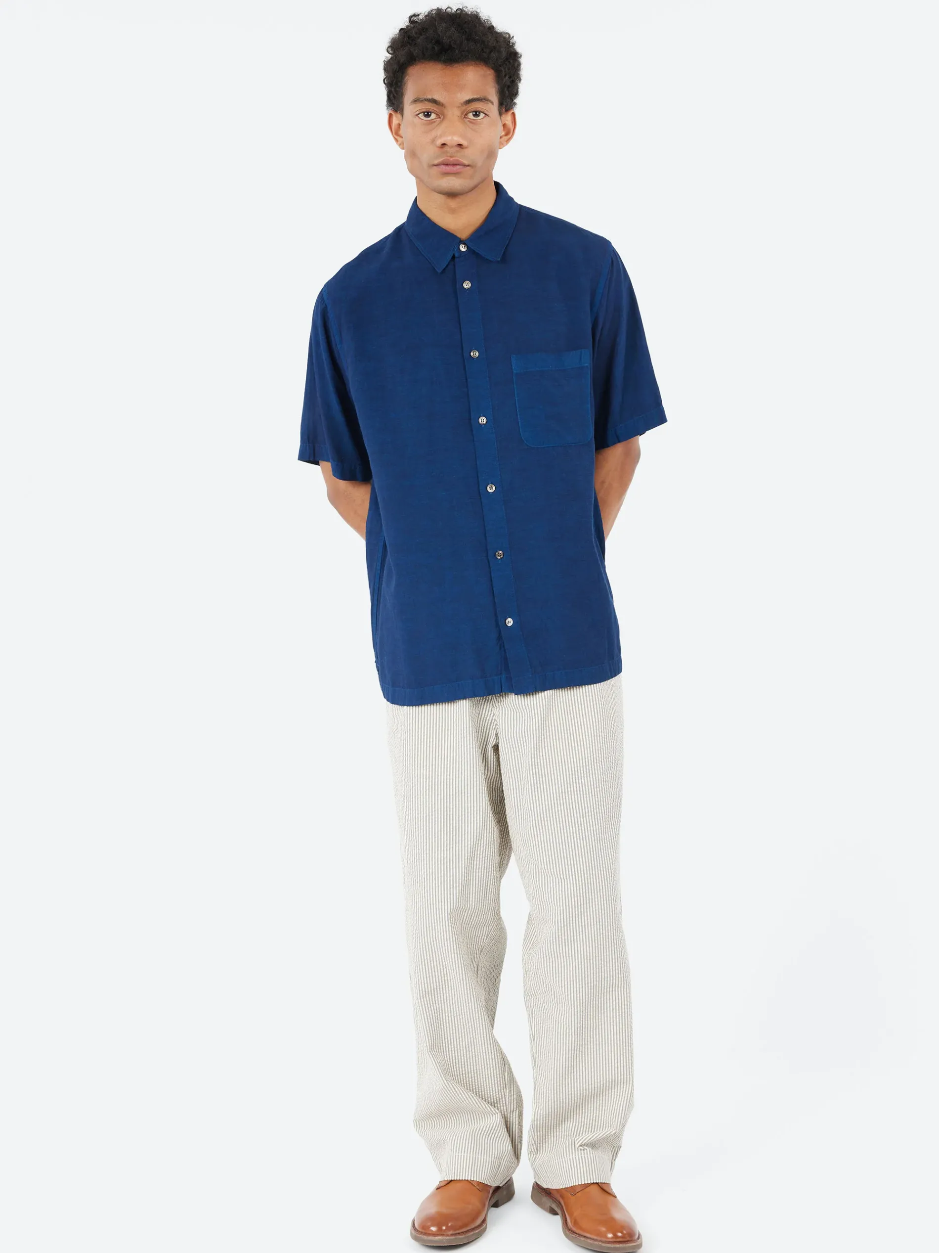 Blue Blue Japan - Broadcloth Short Sleeve Shirt in Dark Navy