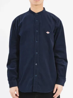 Danton - Corduroy Band Collar Shirt in Dark Navy