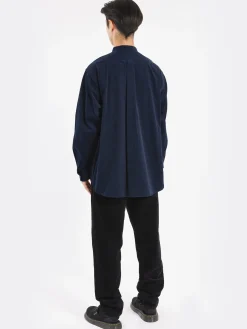 Danton - Corduroy Band Collar Shirt in Dark Navy