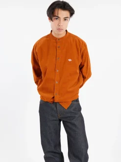 Danton - Corduroy Band Collar Shirt in Orange
