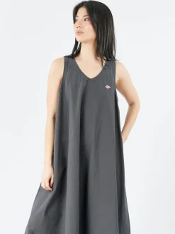 Danton - High Count Cotton V Neck Dress in Charcoal