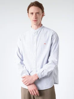 Danton - Men's Striped Oxford Band Collar L/S Shirt in Navy and White