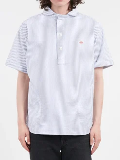 Danton - Round Collar Shirt in Navy and White Stripe