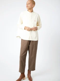 Danton - Women's Corduroy Band Collar Shirt in Off White