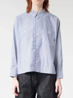 Danton - Women's L/S Work Shirt in White/Navy Stripe