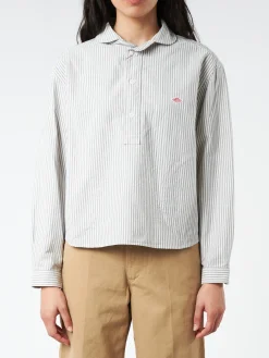 Danton - Women's Oxford Round Collar Pullover Wide Shirt in Navy Ecru Stripe