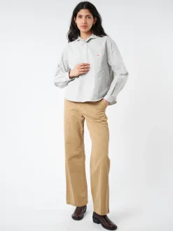 Danton - Women's Oxford Round Collar Pullover Wide Shirt in Navy Ecru Stripe