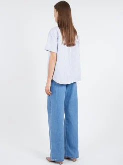 Danton - Women's Round Collar Shirt in Navy Stripe