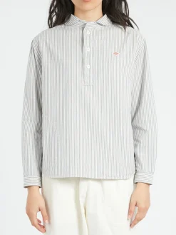 Danton - Women's Round Collar Pullover L/S Shirt in Navy and Ecru Stripe