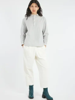 Danton - Women's Round Collar Pullover L/S Shirt in Navy and Ecru Stripe