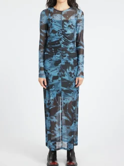 GANNI - Printed Mesh Dress in Blue Shadow