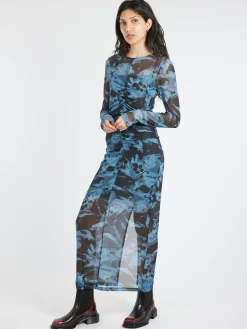 GANNI - Printed Mesh Dress in Blue Shadow