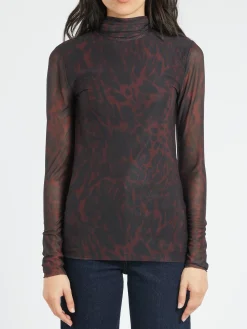GANNI - Printed Mesh L/S Rollneck in Bitter Chocolate