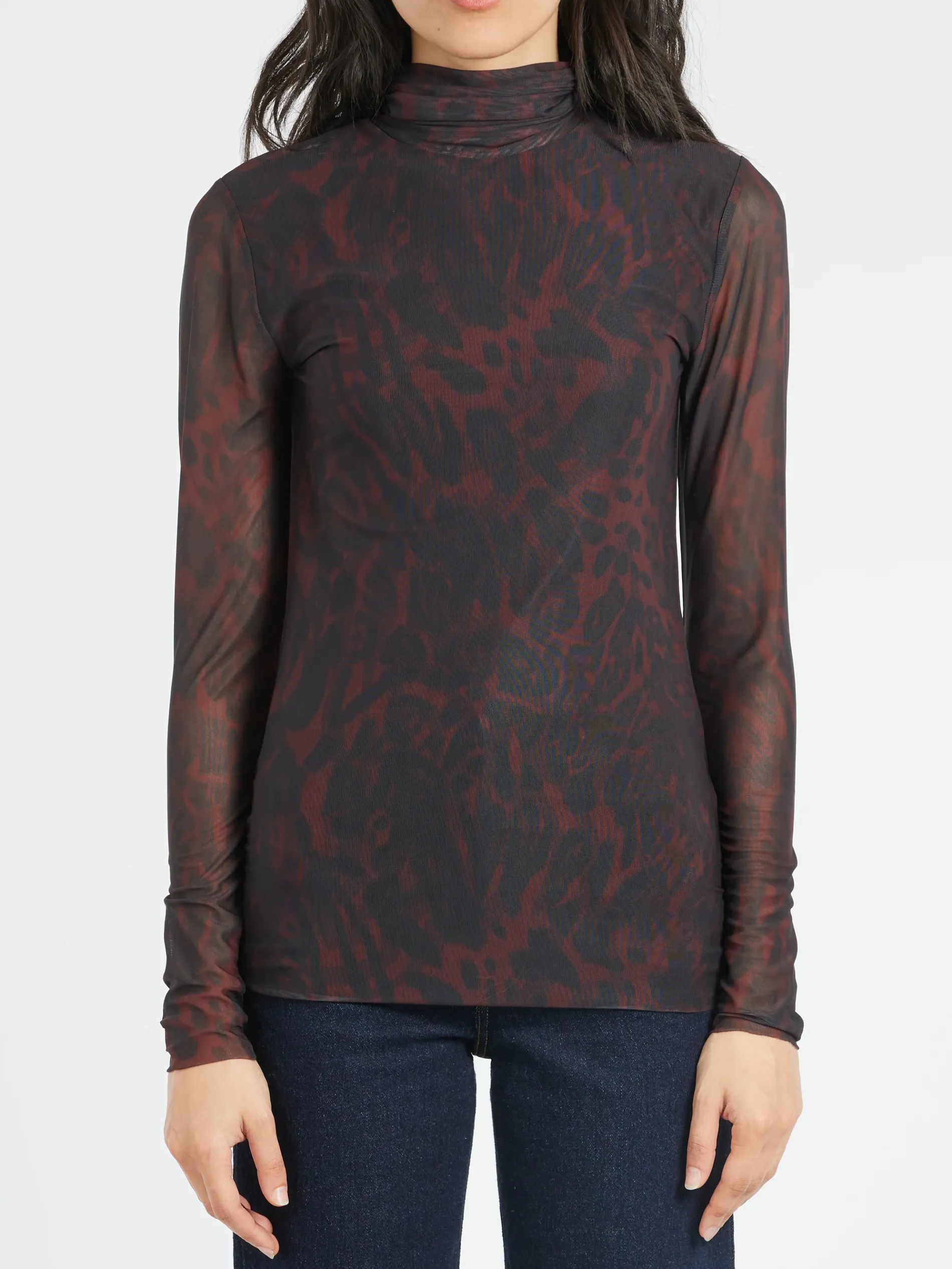 GANNI - Printed Mesh L/S Rollneck in Bitter Chocolate