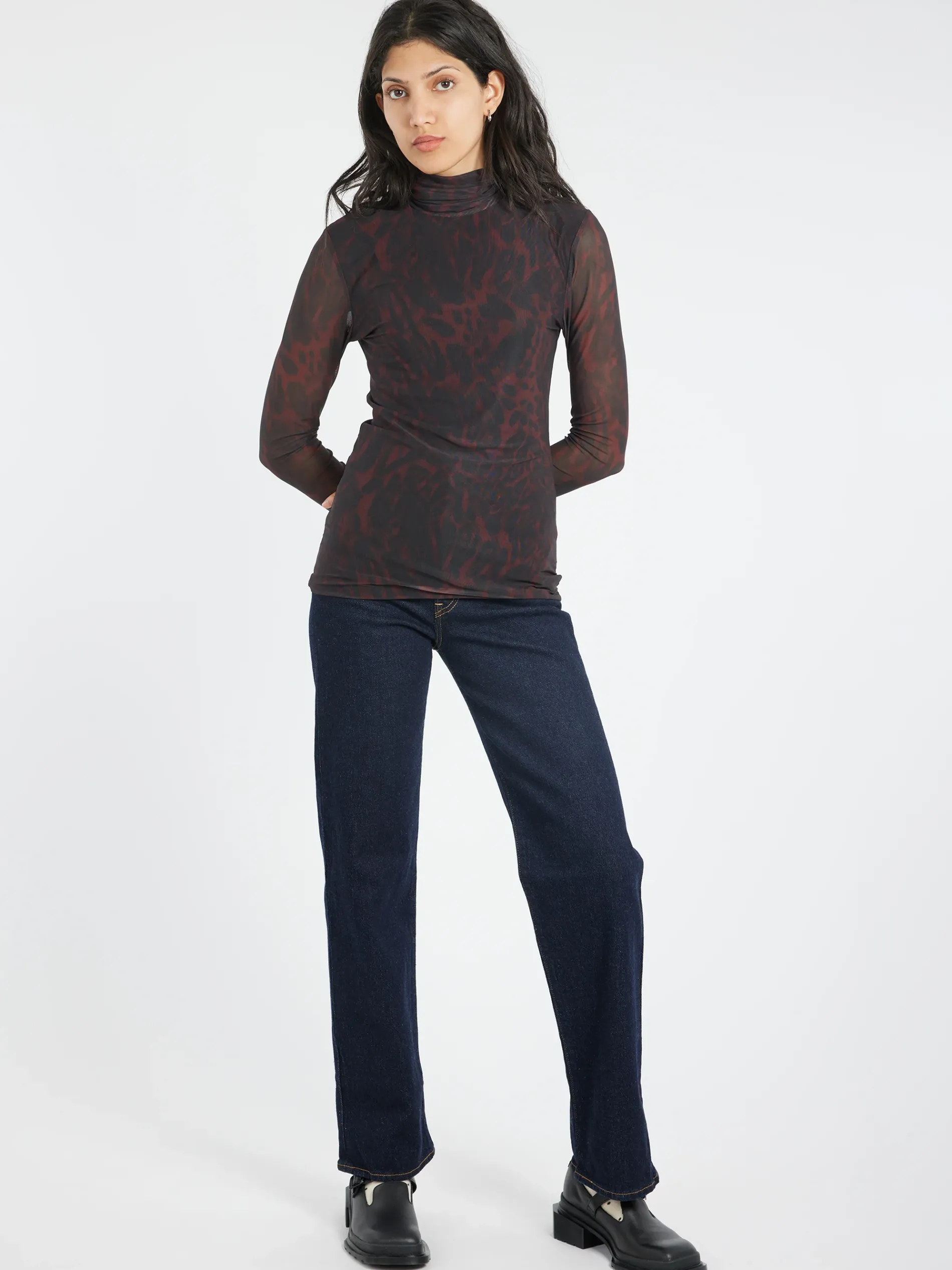GANNI - Printed Mesh L/S Rollneck in Bitter Chocolate