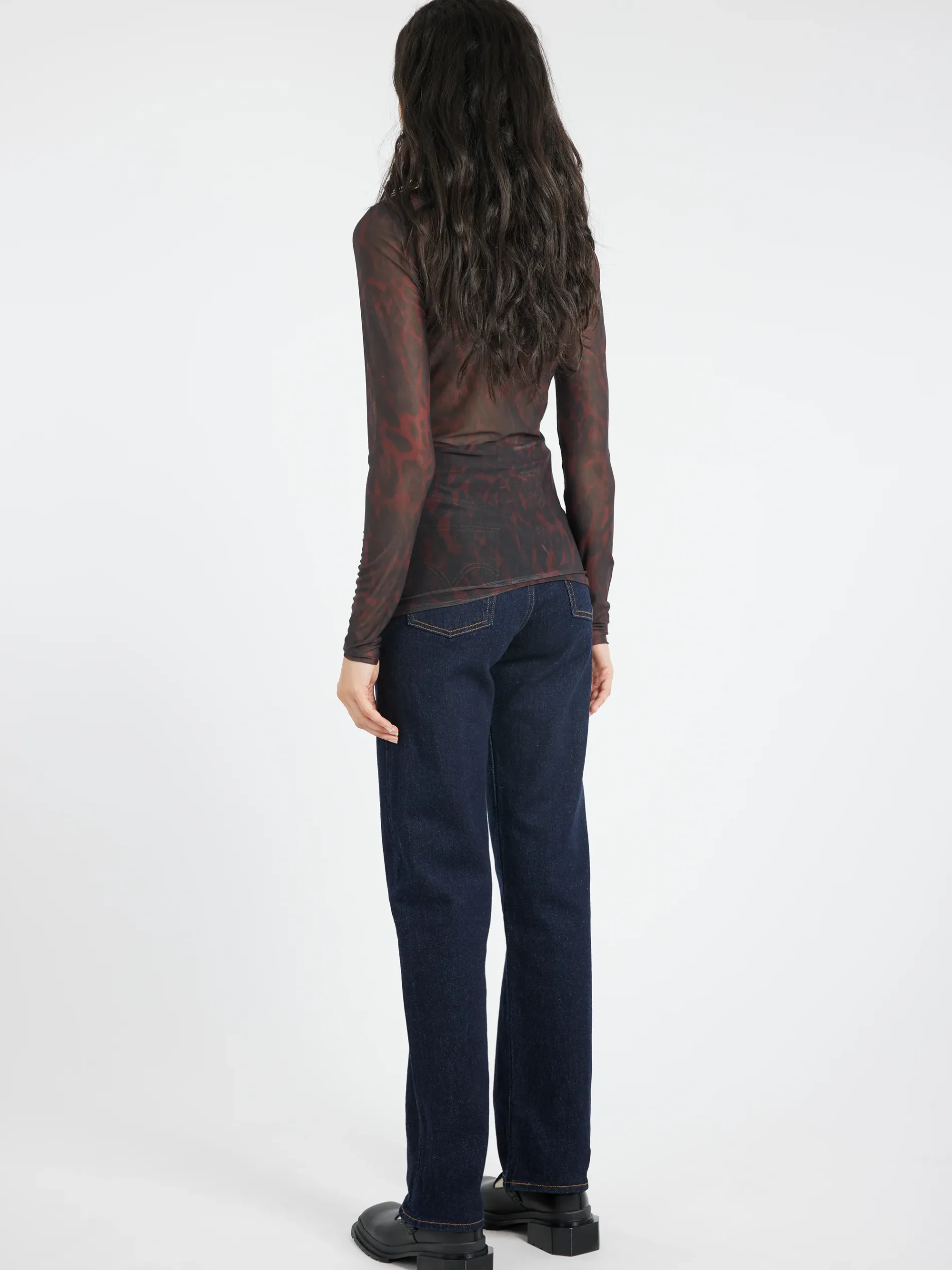 GANNI - Printed Mesh L/S Rollneck in Bitter Chocolate