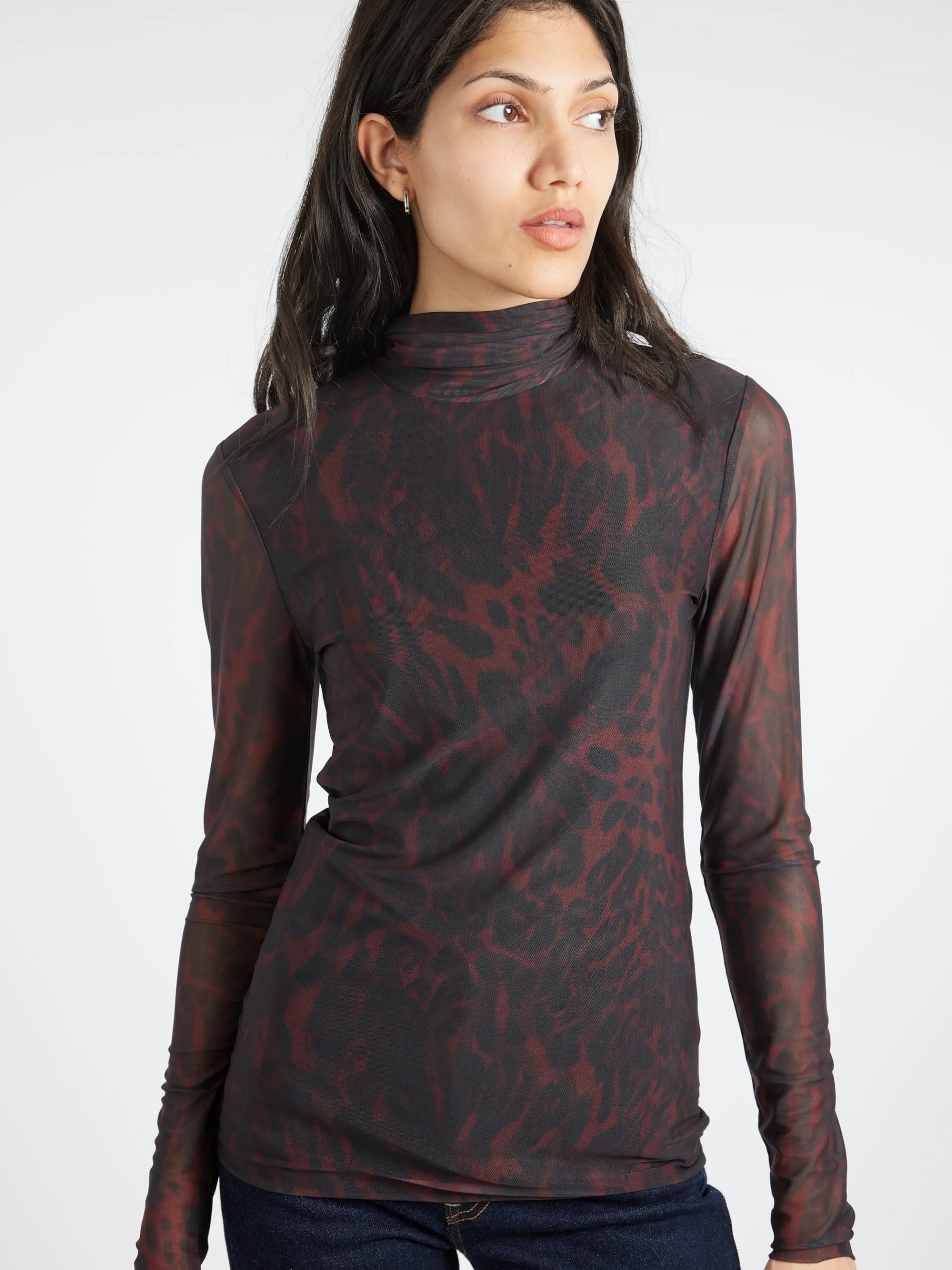 GANNI - Printed Mesh L/S Rollneck in Bitter Chocolate