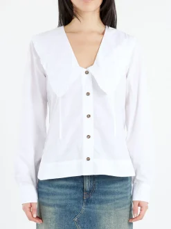 GANNI - V-Neck Frill Collar Shirt in Bright White