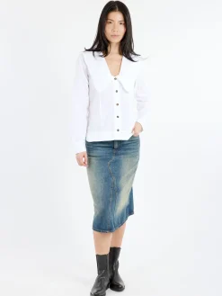 GANNI - V-Neck Frill Collar Shirt in Bright White