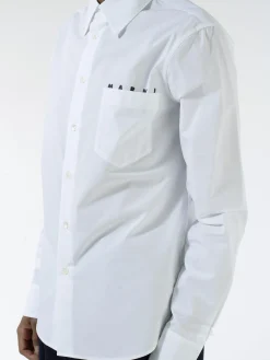 Marni - Logo Print Poplin Bowling Shirt in Lily White