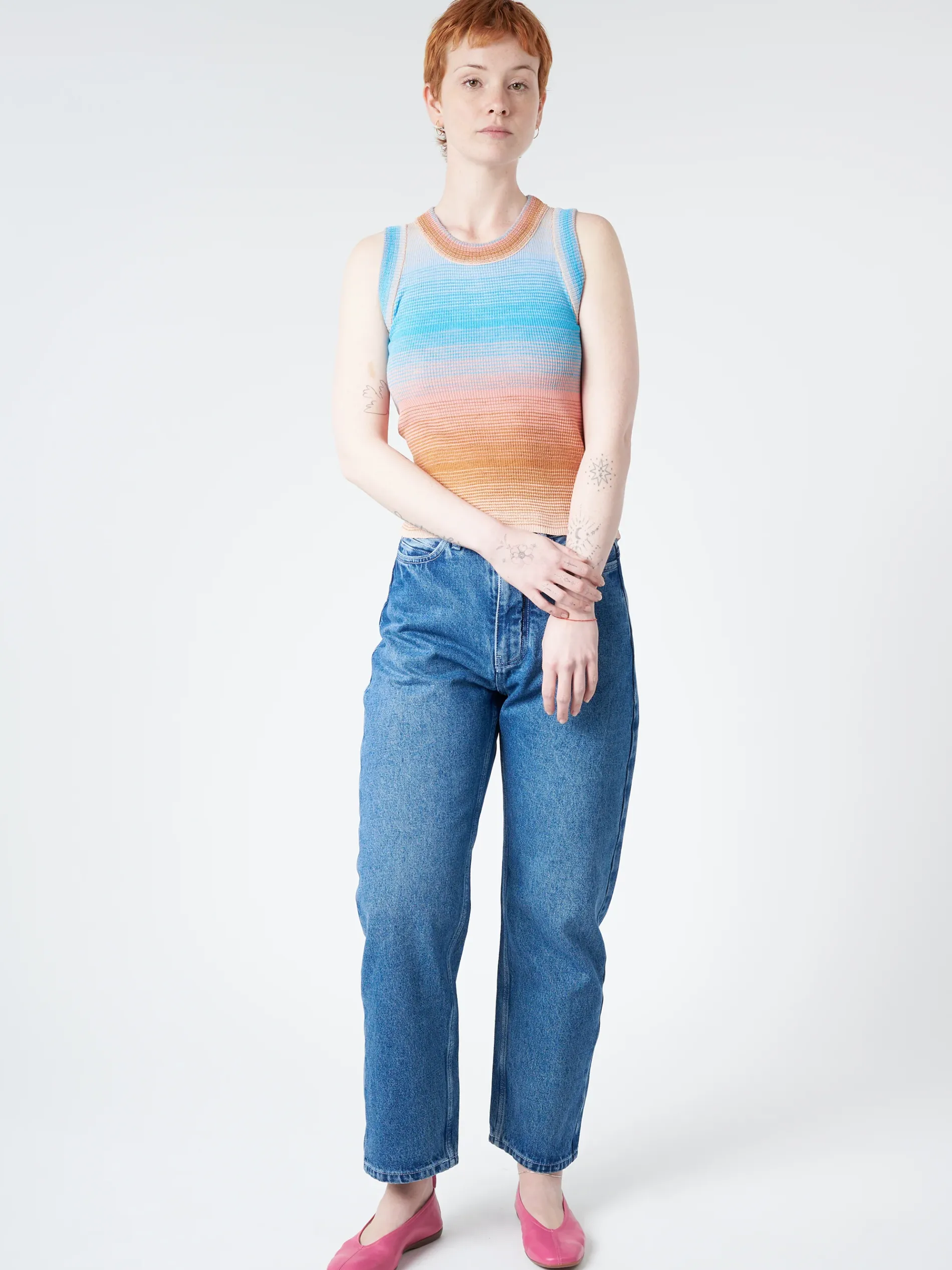 Roberto Collina - Striped Tank Top in Nude (Blue, Pink, and Tan Gradient)