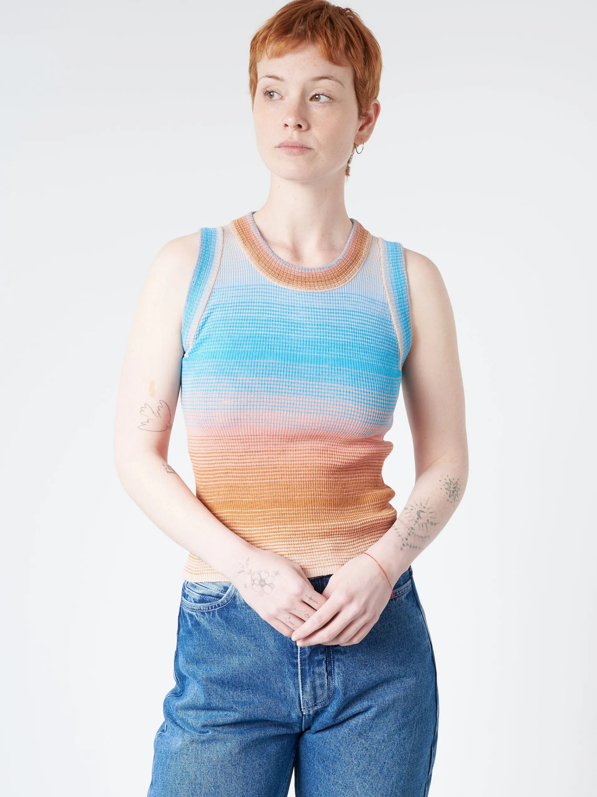 Roberto Collina - Striped Tank Top in Nude (Blue, Pink, and Tan Gradient)