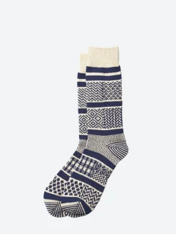 ROTOTO - Multi Jacquard Crew Sock in Ivory/Navy