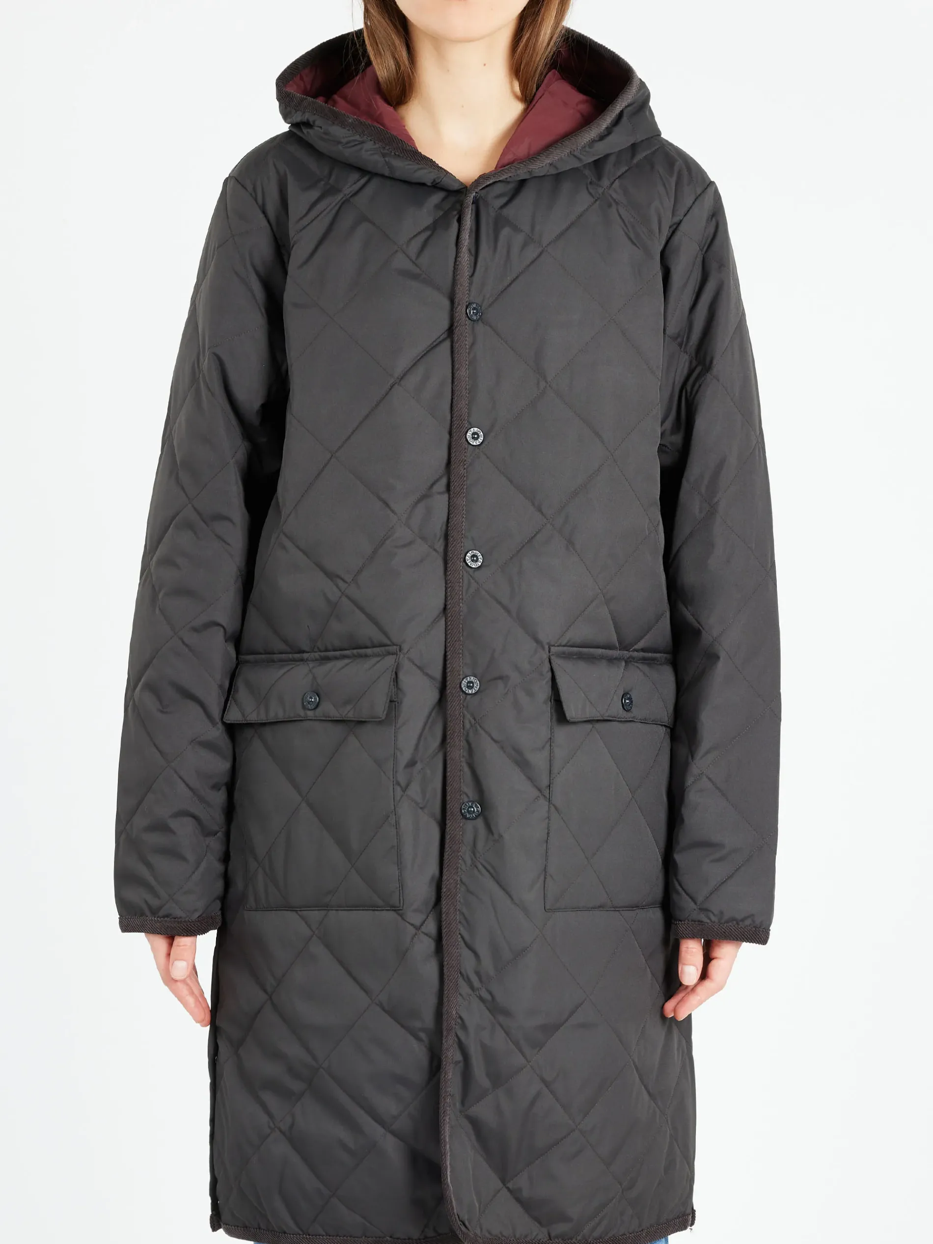 Taion - Piping Hood Long Down Coat in Dark Charcoal