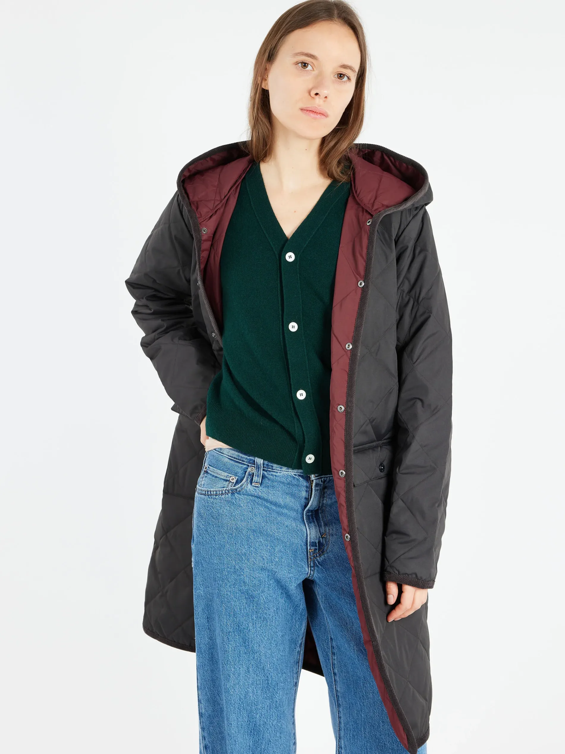 Taion - Piping Hood Long Down Coat in Dark Charcoal