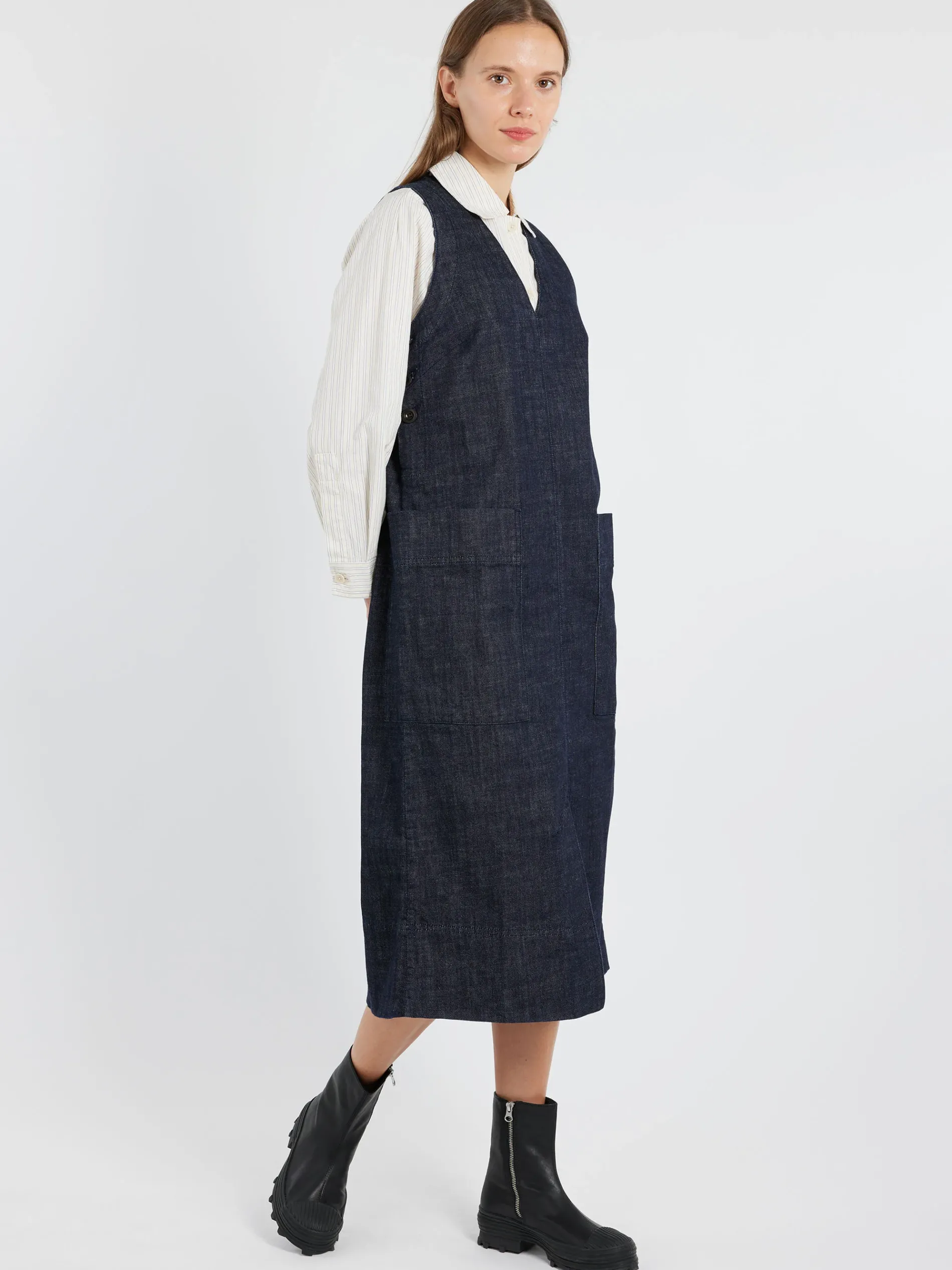 TOAST - V-Neck Denim Pinafore Dress in Indigo