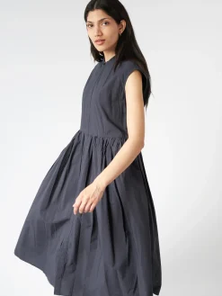 Toujours - Pleated Shirt Dress in Black Navy