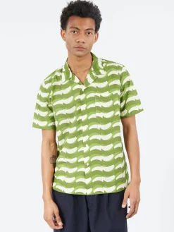Universal Works - Road Shirt in Green Geo Wave Print