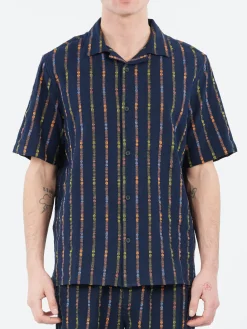 Wax London - Didcot Short Sleeve Shirt in Navy and Orange