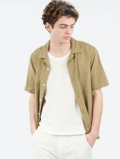 Wax London - Didcot Slub Stripe Short Sleeve Shirt in Khaki