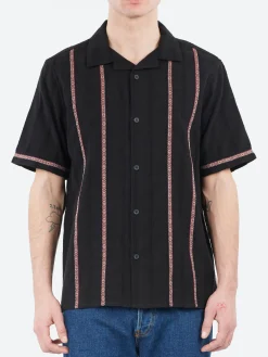 Wax London - Didcot Striped Open Dobby Short Sleeve Shirt in Black and Multi