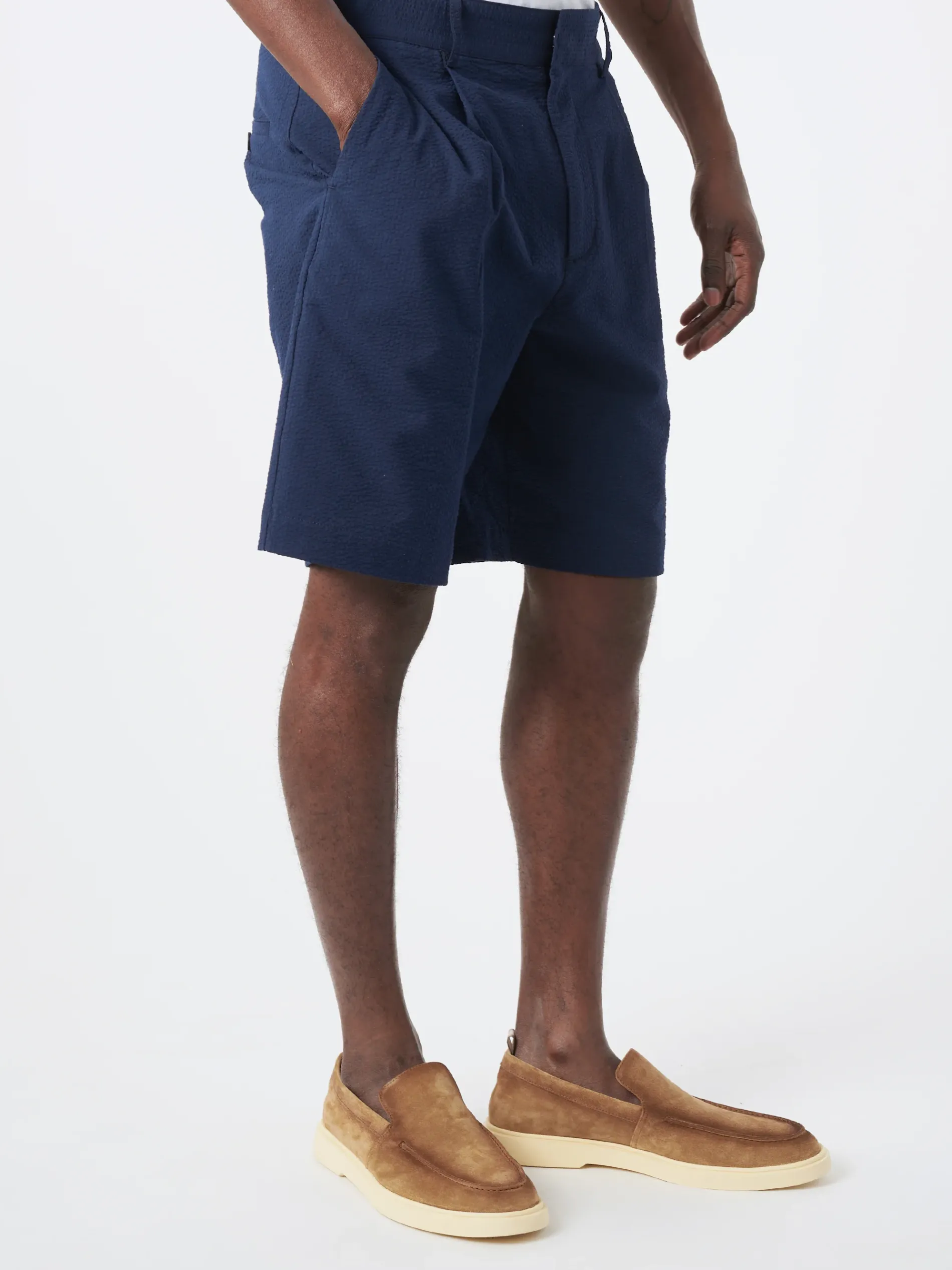 Wax London - Linton Pleat Short in Navy Seersucker