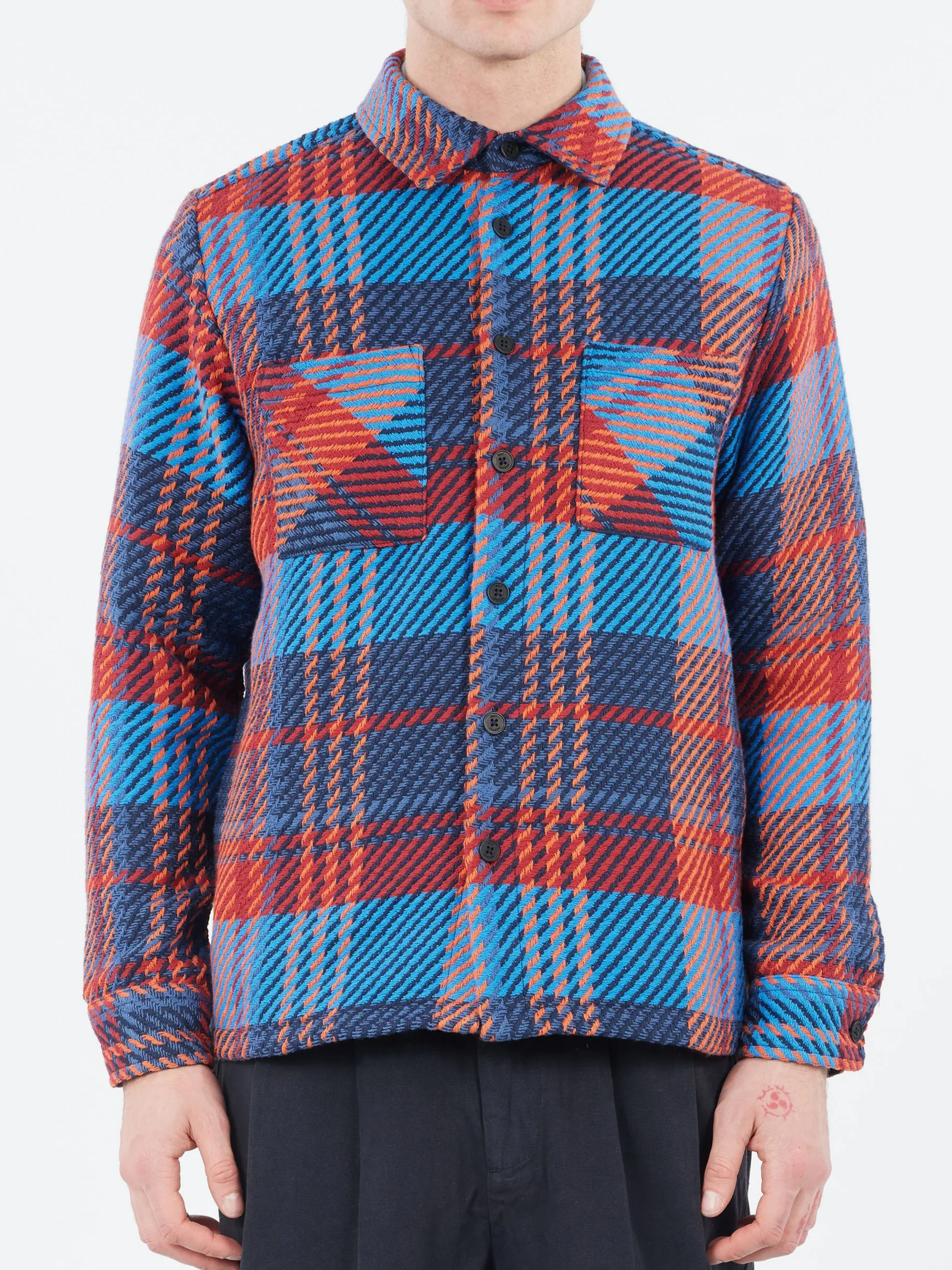 Wax London - Whiting Overshirt in Blue and Red Lake