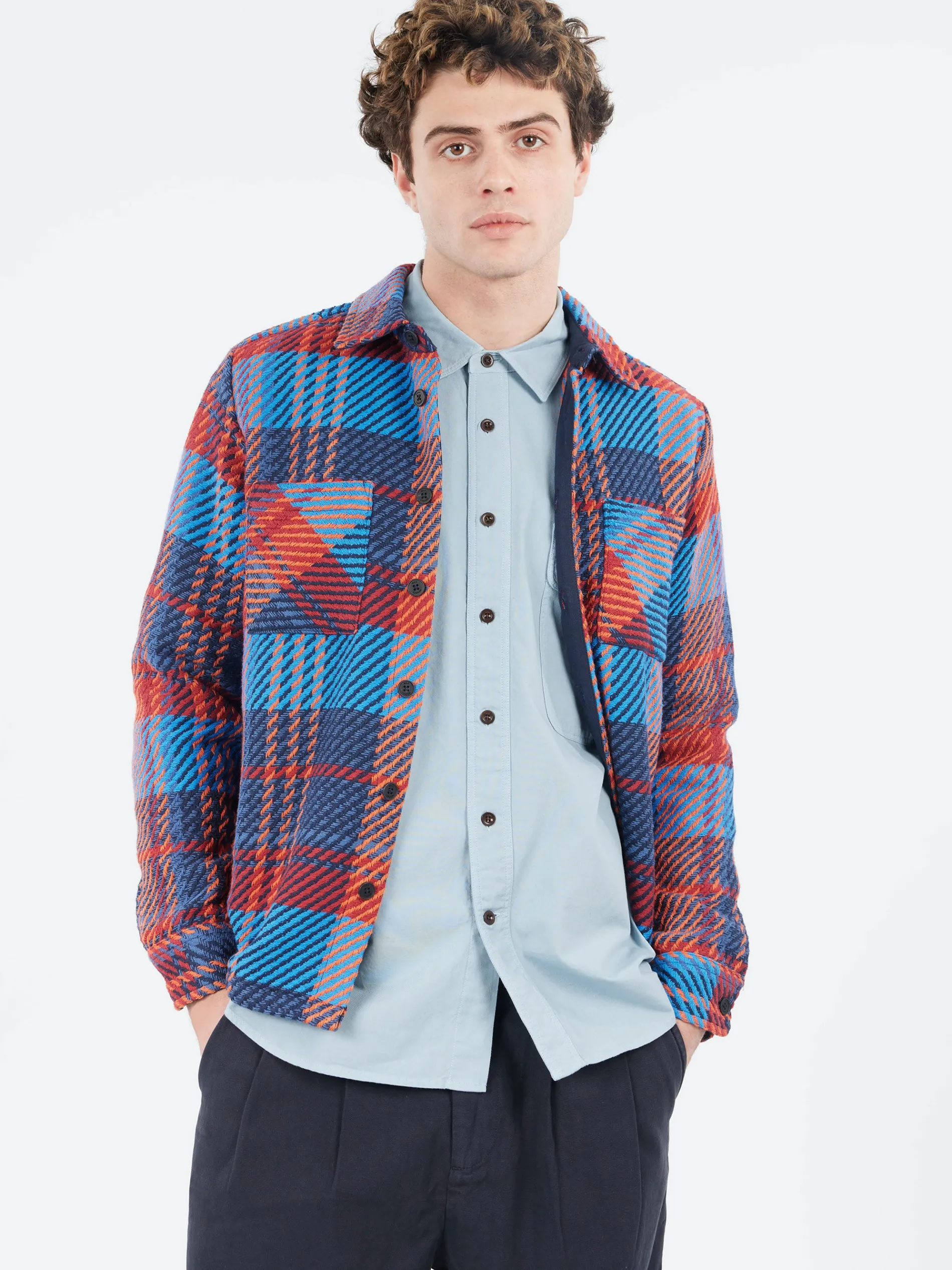 Wax London - Whiting Overshirt in Blue and Red Lake